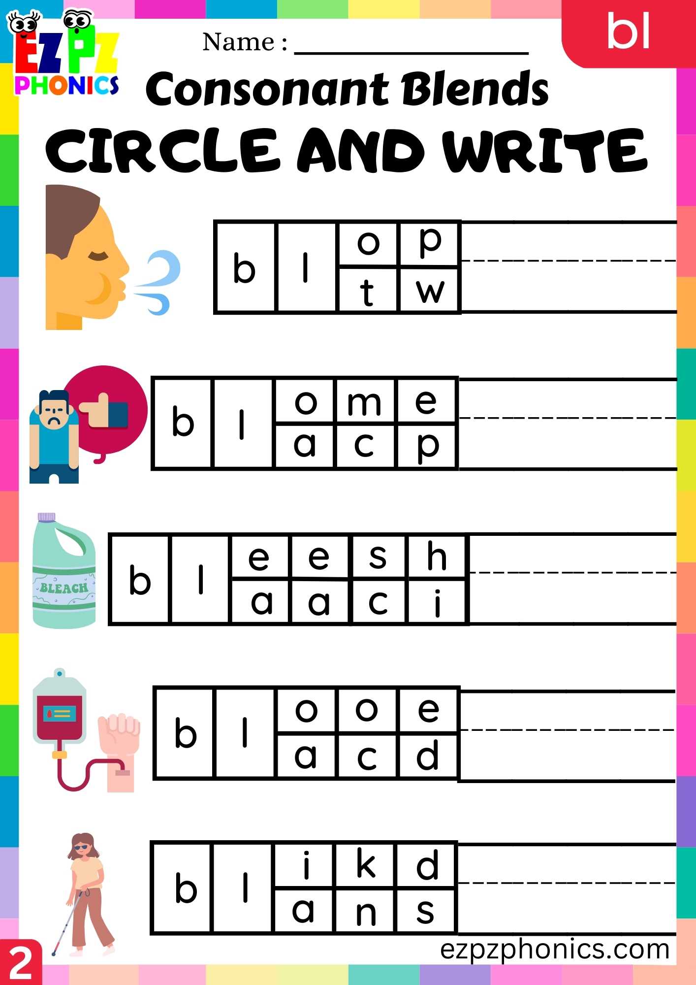 Group2 BL Words Circle And Write Phonics Consonant Blends Worksheet